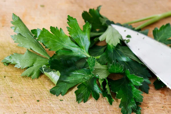 Fresh Parsley Knife Wooden Board Cooking Time — Stockfoto