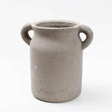 Beyaz arka planda izole edilmiş çiçekler için gri seramik kap. Grafiksel kaynaklar