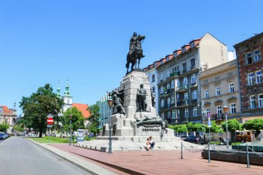 KRAKOW, POLAND - 30 Haziran 2021: Pomnik Grunwaldzki anıtı, Krakow, Polonya.