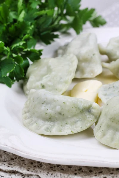 Green Dumplings Spinach Plate Lunch Dish — Zdjęcie stockowe