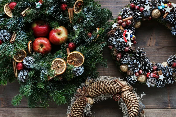Three Different Traditional Christmas Wreaths Wooden Background Festive Decor — Fotografia de Stock