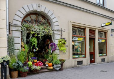 Çiçekçi dükkanının girişi çiçek ve bitkilerle süslenmiş..