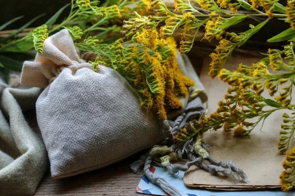 Jute Kräuterbeutel Und Frische Pflanzen Drumherum Wohnkultur — Stockfoto