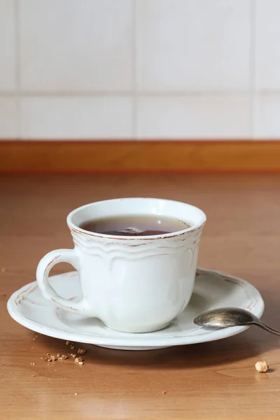 Uma Chávena Chá Mesa Hora Pequeno Almoço — Fotografia de Stock