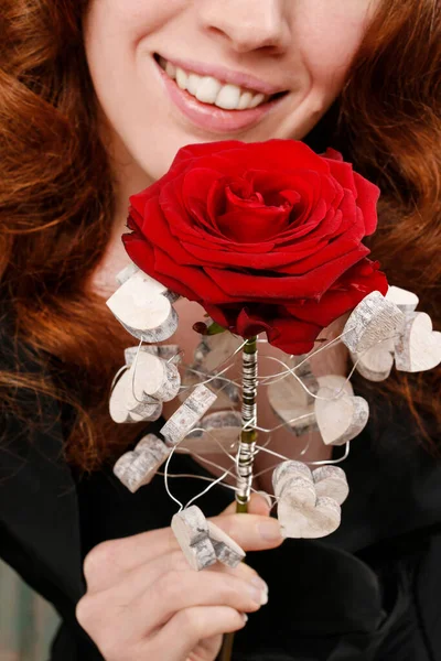 Woman Black Dress Holding Red Rose Flower Party Decor — Stock Photo, Image