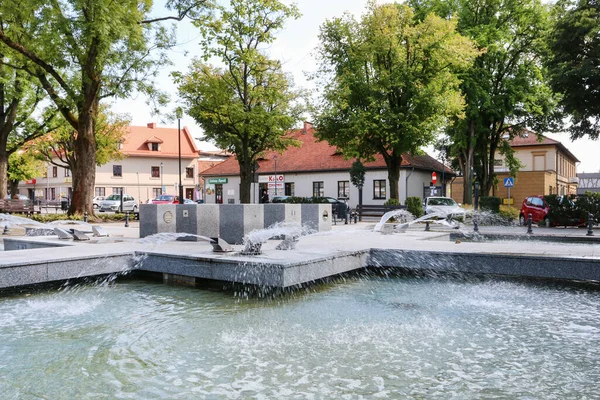 波兰克热佐维茨市中心的一座现代喷泉 — 图库照片