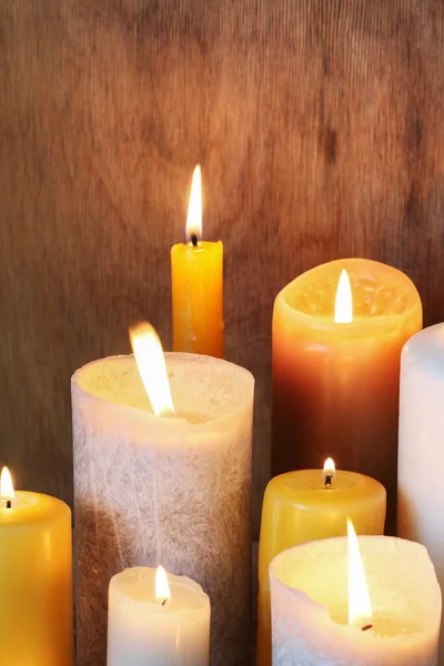 Burning Candles Wooden Background Copy Space Party Decor — Stock Photo, Image