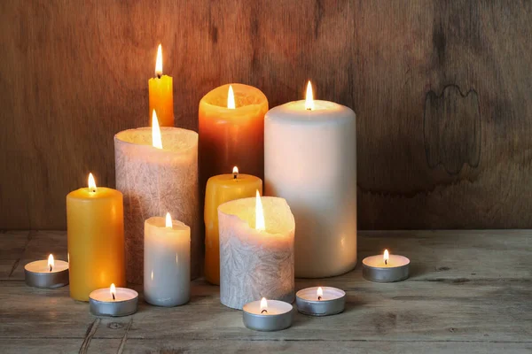 Burning Candles Wooden Background Copy Space Party Decor — Stock Photo, Image