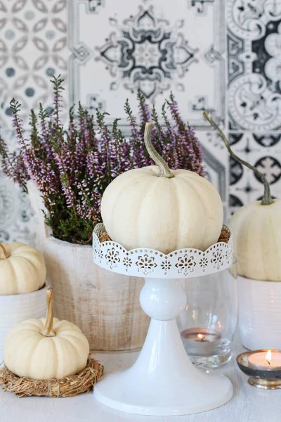Table decoration with white baby boo pumpkins and heather (calluna vulgaris). Autumn party decor