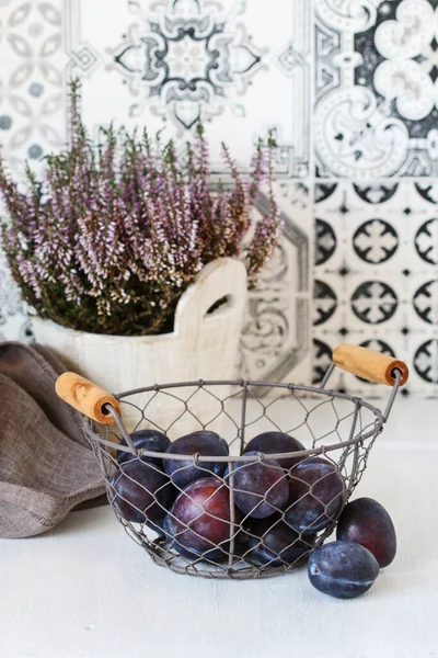 Wire basket with plums and heather (erica) decoration in the background. Autumn fruits
