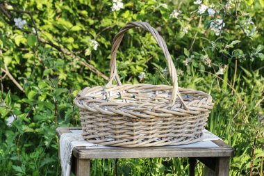 Bahçedeki boş hasır sepet. Bahçe hobisi