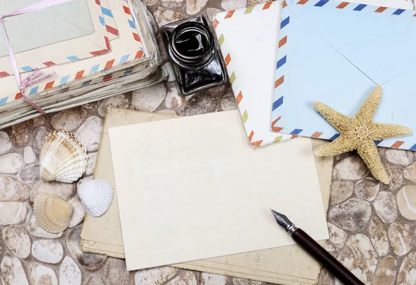 Blank Sheet Paper Envelopes Pen Inkwell Retro Style — Stock Photo, Image
