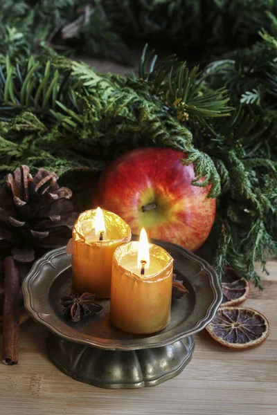 Christmas Decoration Candles Red Apples Festive Time — Stock Photo, Image