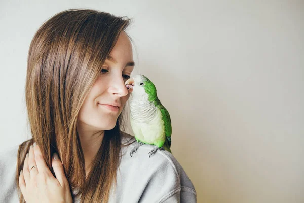 Aranyos Zöld Háziasított Papagáj Ölelés Vállán Tulajdonos Érzés Meleg Kényelmes — Stock Fotó