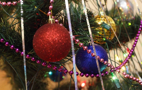 Christmas decorations: focus on the blue sphere — Stock Photo, Image