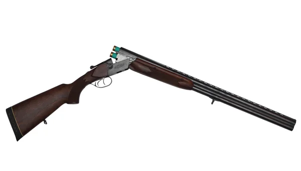 Pistola de caça de cano duplo aberta com dois cartuchos verdes isolados em branco — Fotografia de Stock