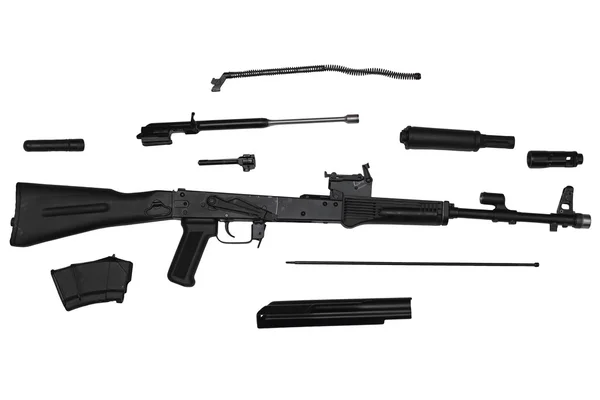 Assault rifle disassembled into parts left side view isolated on white — Stock Photo, Image