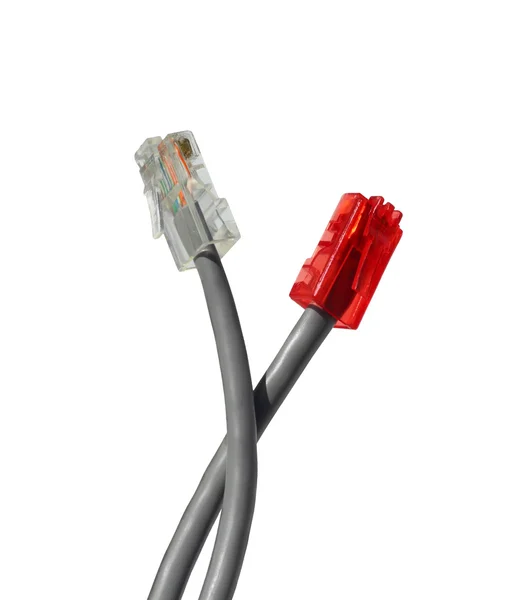 Dva kroucená dvojlinka kabely s červenými a bílými konektory izolované na bílém — Stock fotografie