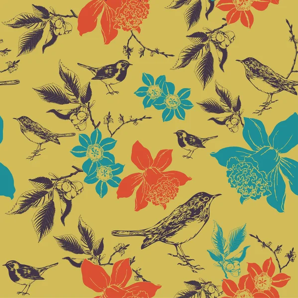 Daffodils and birds. Seamless pattern illustration. — Stock Photo, Image