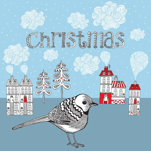 Tarjeta de Navidad con pájaro y pequeño pueblo de invierno. Vector ilustra — Archivo Imágenes Vectoriales