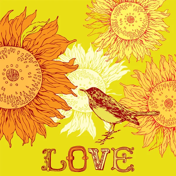 Fondo vintage con aves y girasoles . — Vector de stock