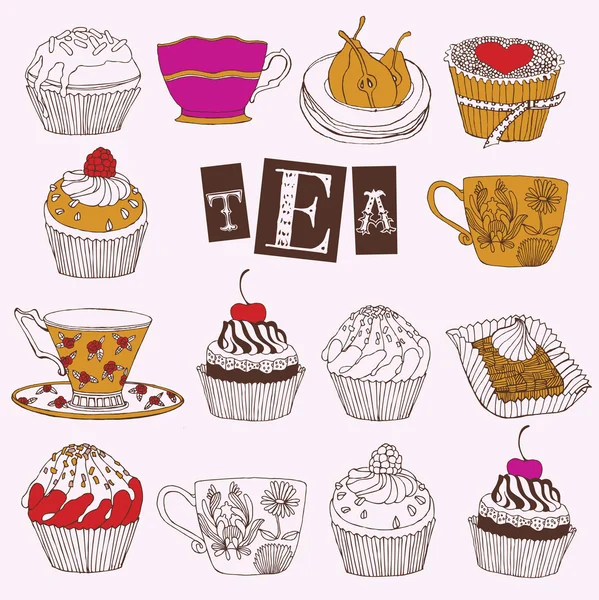 Du thé. Des cupcakes. Illustration vectorielle . — Image vectorielle