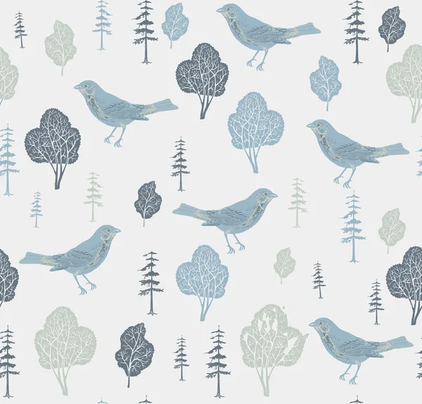 Птицы и деревья. Бесшовный шаблон. Векторная иллюстрация . — стоковый вектор