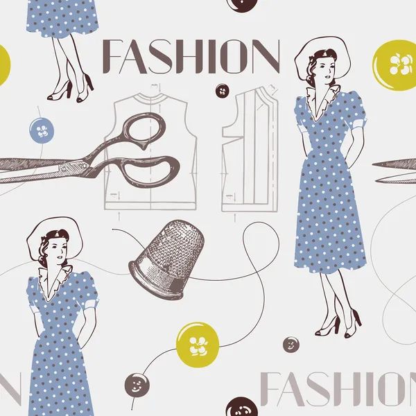 Fundo de moda com tesoura, botões e mulher. pa sem costura —  Vetores de Stock