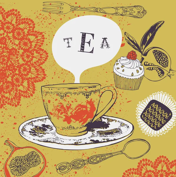 çay. cupcakes. vektör çizim.