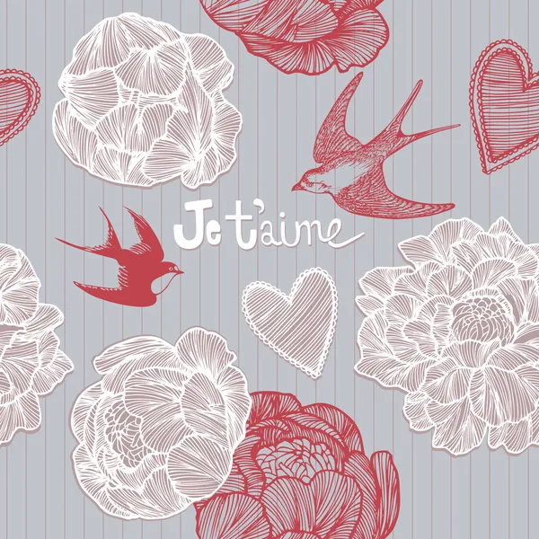 Sevgililer günü kartı. Kırlangıçlar ve çiçekler. seamless modeli.