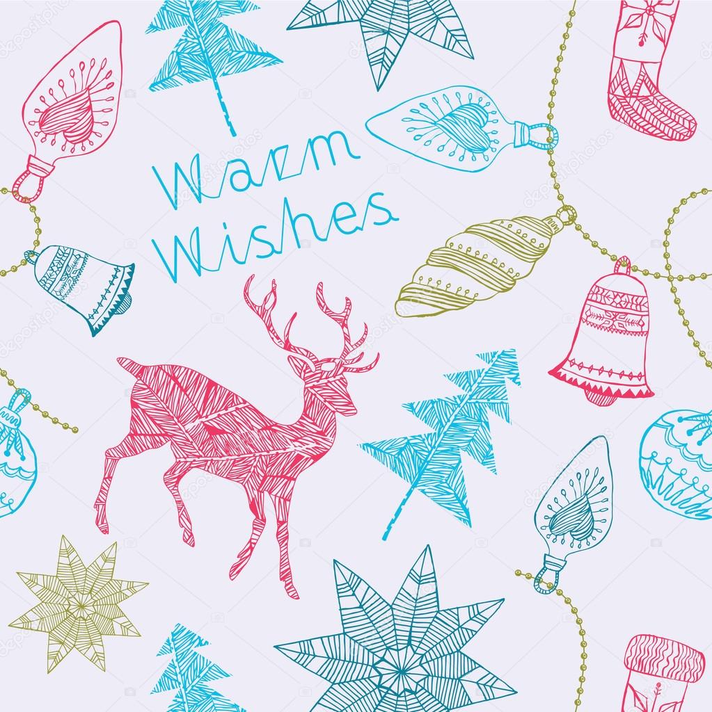 Warm wishes. Card with deers and christmas decorations. Vector i