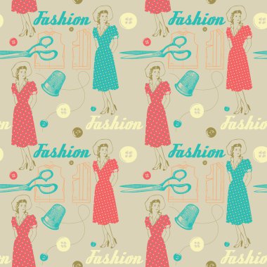 makas, düğmeler ve kadın moda arka plan.