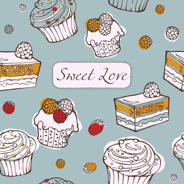 Nahtloser Hintergrund mit Kuchen. süße Liebeskarte. — Stockvektor
