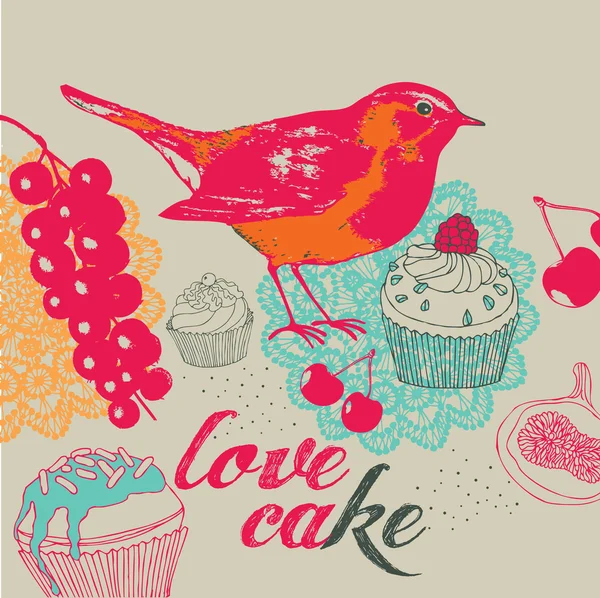 Cartão com bolos e pássaro . —  Vetores de Stock
