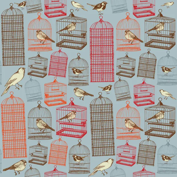 Birds and cages. Seamless pattern — Stock Vector