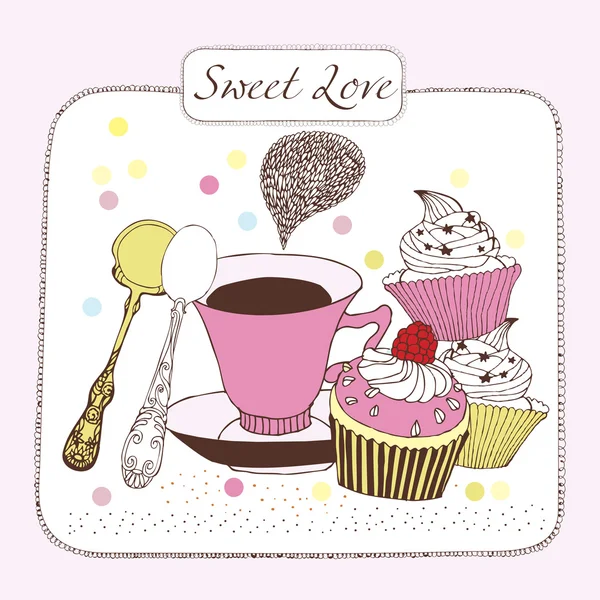 Dulce amor fondo con té . — Vector de stock