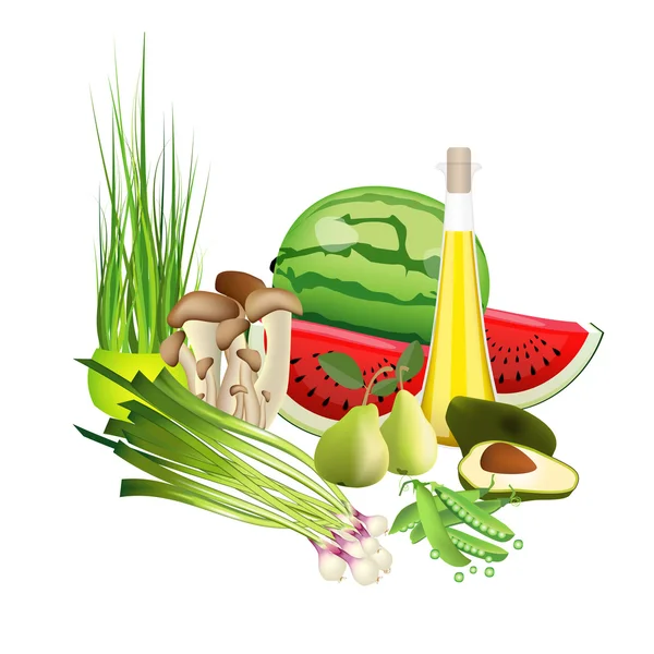 Verse kleur bio gezondheid van voedsel. groenten, fruit, olie, paddestoelen, kruiden. vectorillustratie — Stockvector