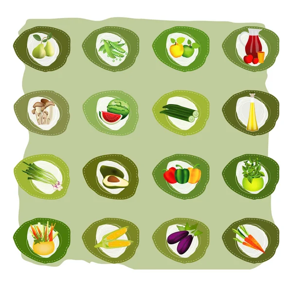 Uppsättning av gröna etiquettes. vektor bio hälsa grönsaker, frukt, olja och svamp klistermärken. Vektorgrafik