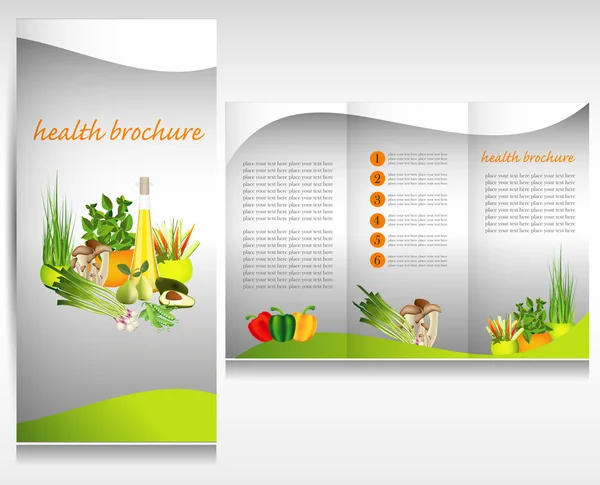 Hälsokost broschyr design. bio grönsaker och frukt. broschyr mapp vektor. Stockvektor