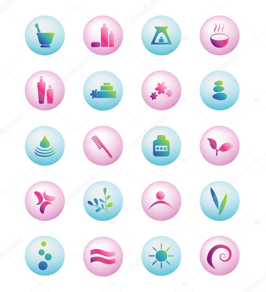 Wellness, spa, beauty and nature vector icons sets isolated on white