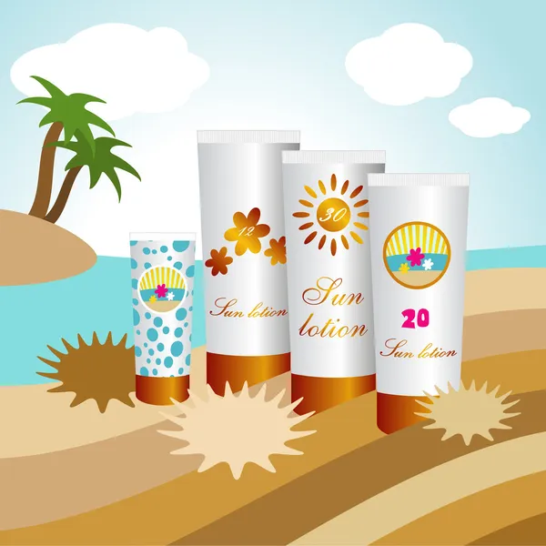 Sunblock lotions in the sand island with palms. Sun protection skin creams. Vector. — Stock Vector