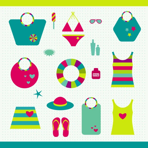 Ensemble de plage d'été. Collection de sacs, T-shirts, lotion solaire. Illustration vectorielle . — Image vectorielle