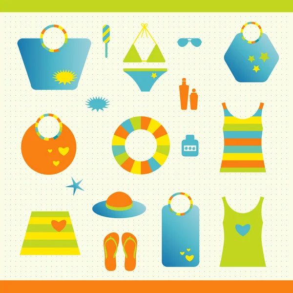 Zomer strand instellen. collectie van tassen, t shirts, zon lotion. vectorillustratie. — Stockvector