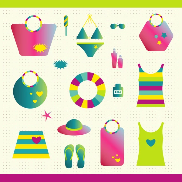 Ensemble de plage d'été. Collection de sacs, T-shirts, lotion solaire. Illustration vectorielle . — Image vectorielle