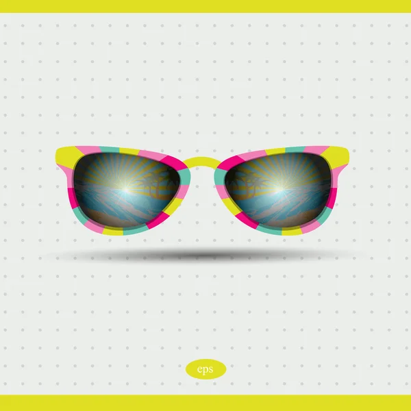 Retro-Sonnenbrille mit tropischer Inselreflexion. Sommer Hintergrund Illustration. Vektor. — Stockvektor