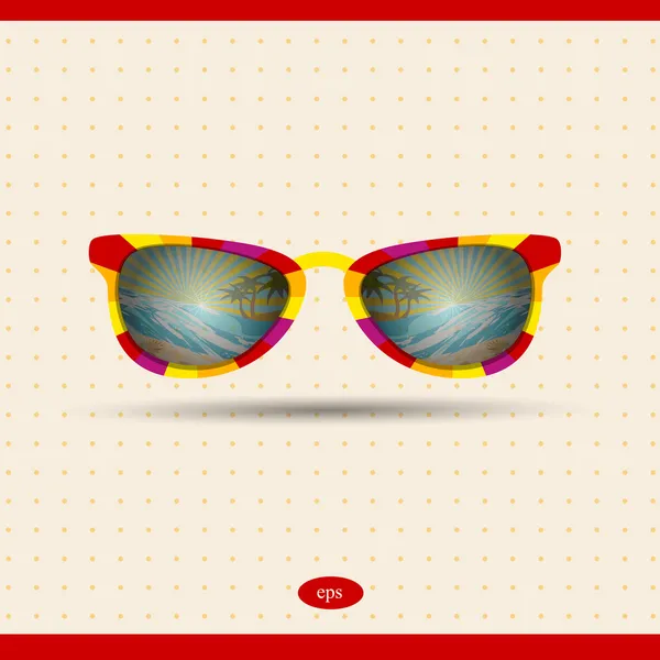 Ретро солнечные очки с отражением тропического острова. Летняя фоновая иллюстрация. Вектор . — стоковый вектор