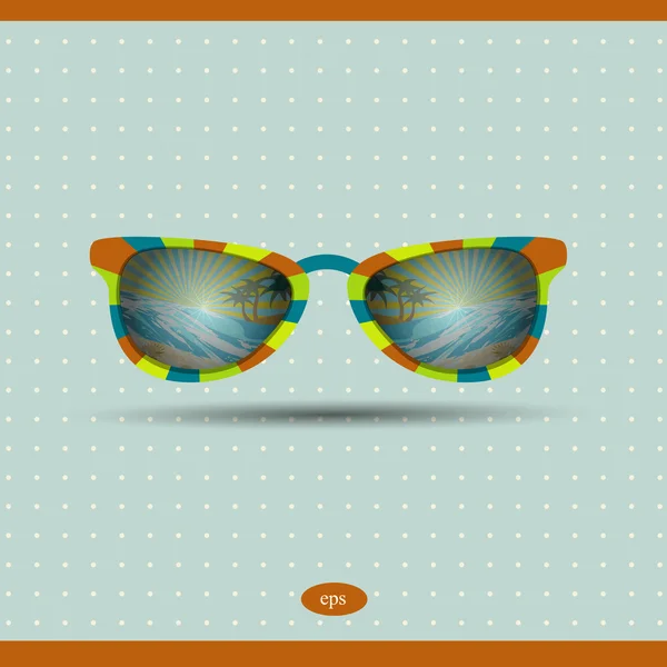 Lunettes de soleil rétro avec reflet île tropicale. Illustration de fond d'été. Vecteur . — Image vectorielle