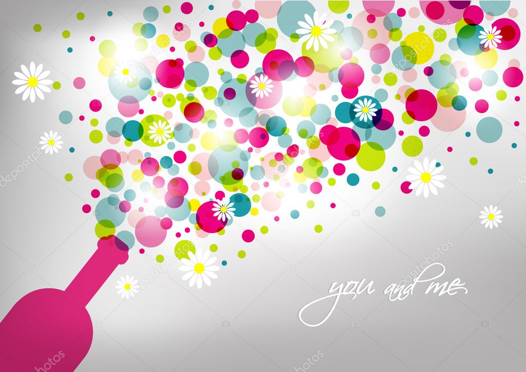 Wedding and invitation card. Champagne bottle with bubbles. Abstract