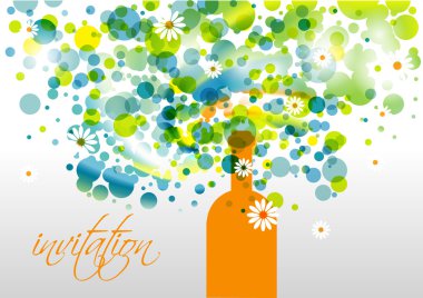 Wedding and invitation card. Champagne bottle with bubbles. Abstract flower background. clipart