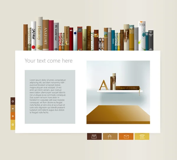 Web sayfası örneği. kitabevi sayfa tasarımı. kitap ve raf. vektör çizim. — Stok Vektör